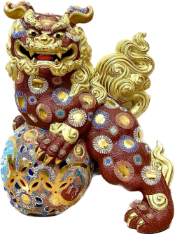 九谷焼江戸古陶磁器 赤と緑の獅子の彫刻 飾り台付き 値下げ致しました。 25号 立獅子 盛 九谷焼 九谷焼マルヨネ 陶芸窯和陶房