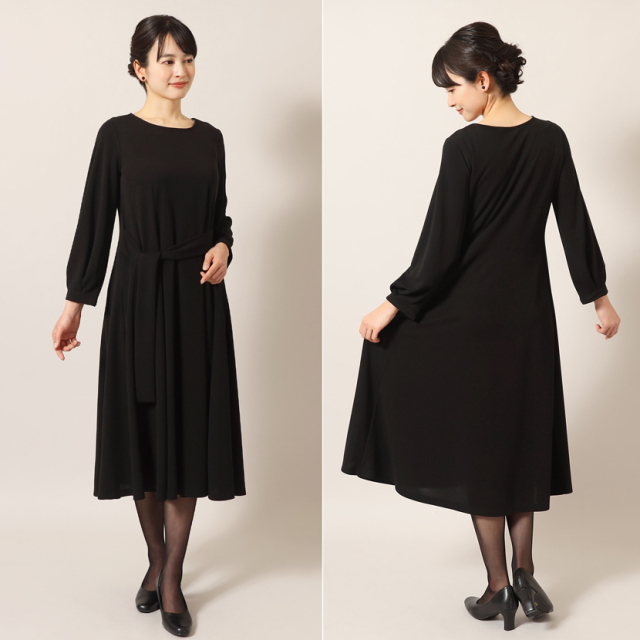 日本製ブラックフォーマル 洗える リボン付きニットワンピース オール