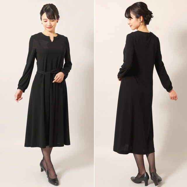 日本製］家庭で洗える キーネックロングワンピース ブラックフォーマル