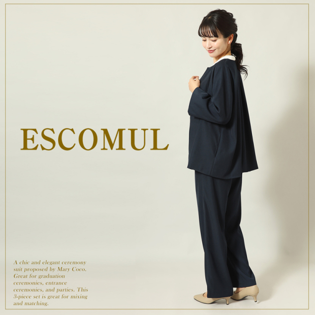 ノーカラージャケット＆ワイドパンツ スーツ 2点セット ネイビー lex-yc29