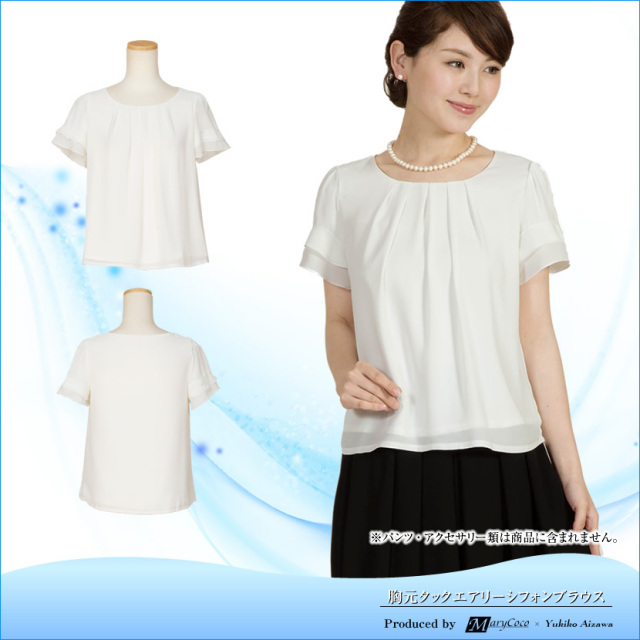 胸元タックエアリー半袖シフォンブラウス（白）WW-55-sale