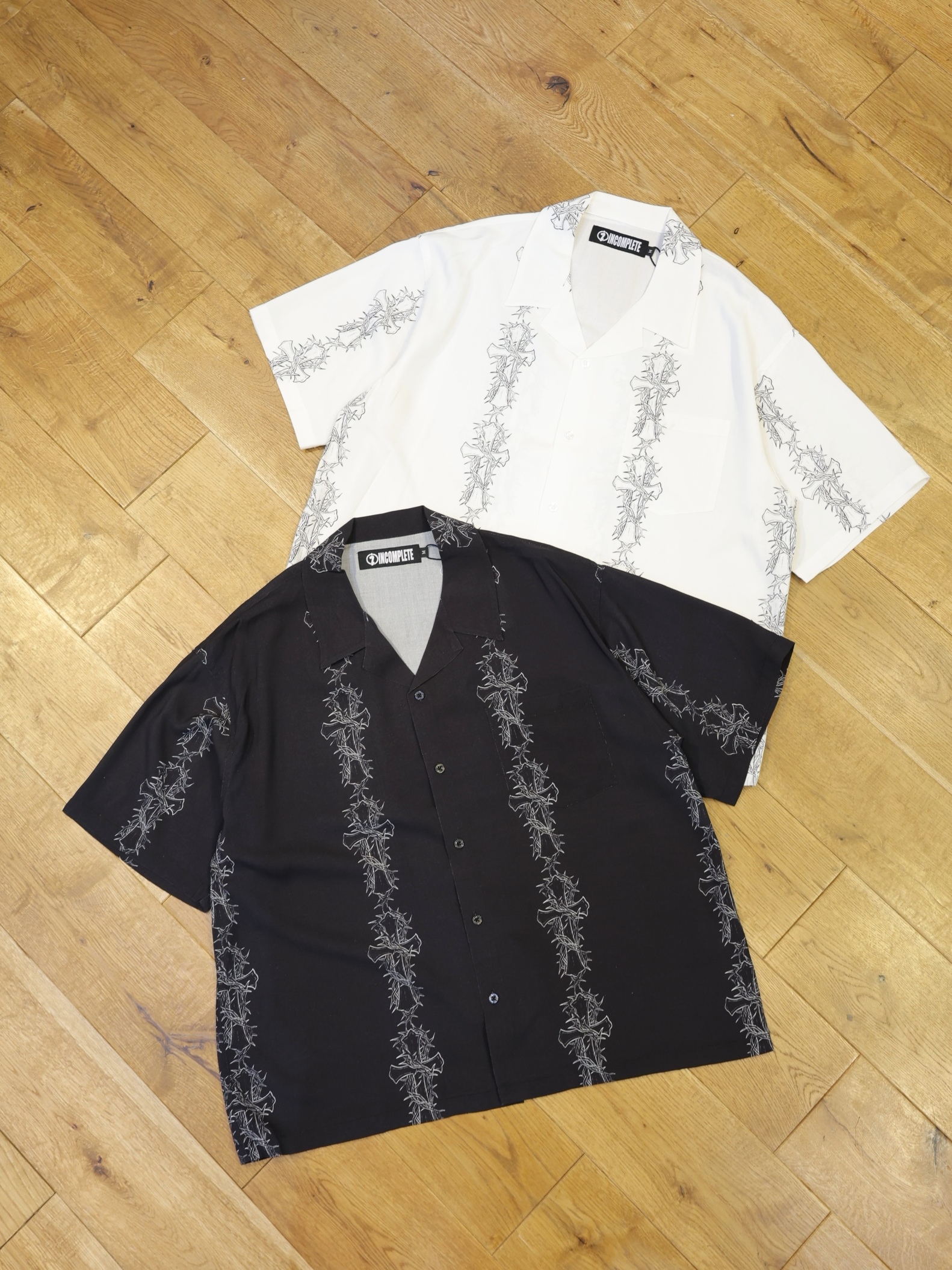 INCOMPLETE TOKYO 　「Cross pattern S/S shirts」　レーヨン オープンカラーシャツ