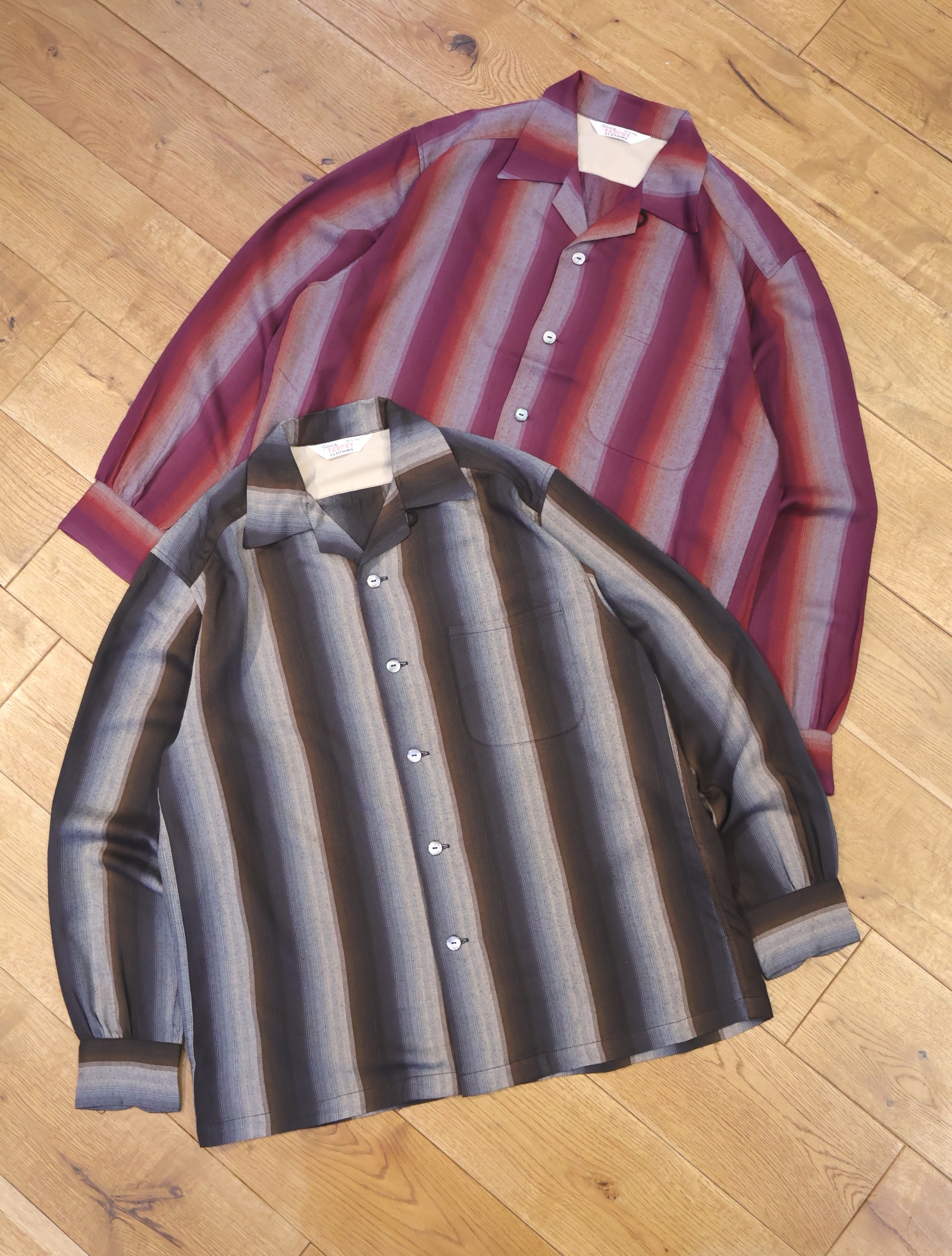 TROPHY CLOTHING　　「Town Craft Rayon Stripe L/S Shirt」　　オープンカラー レーヨンストライプシャツ