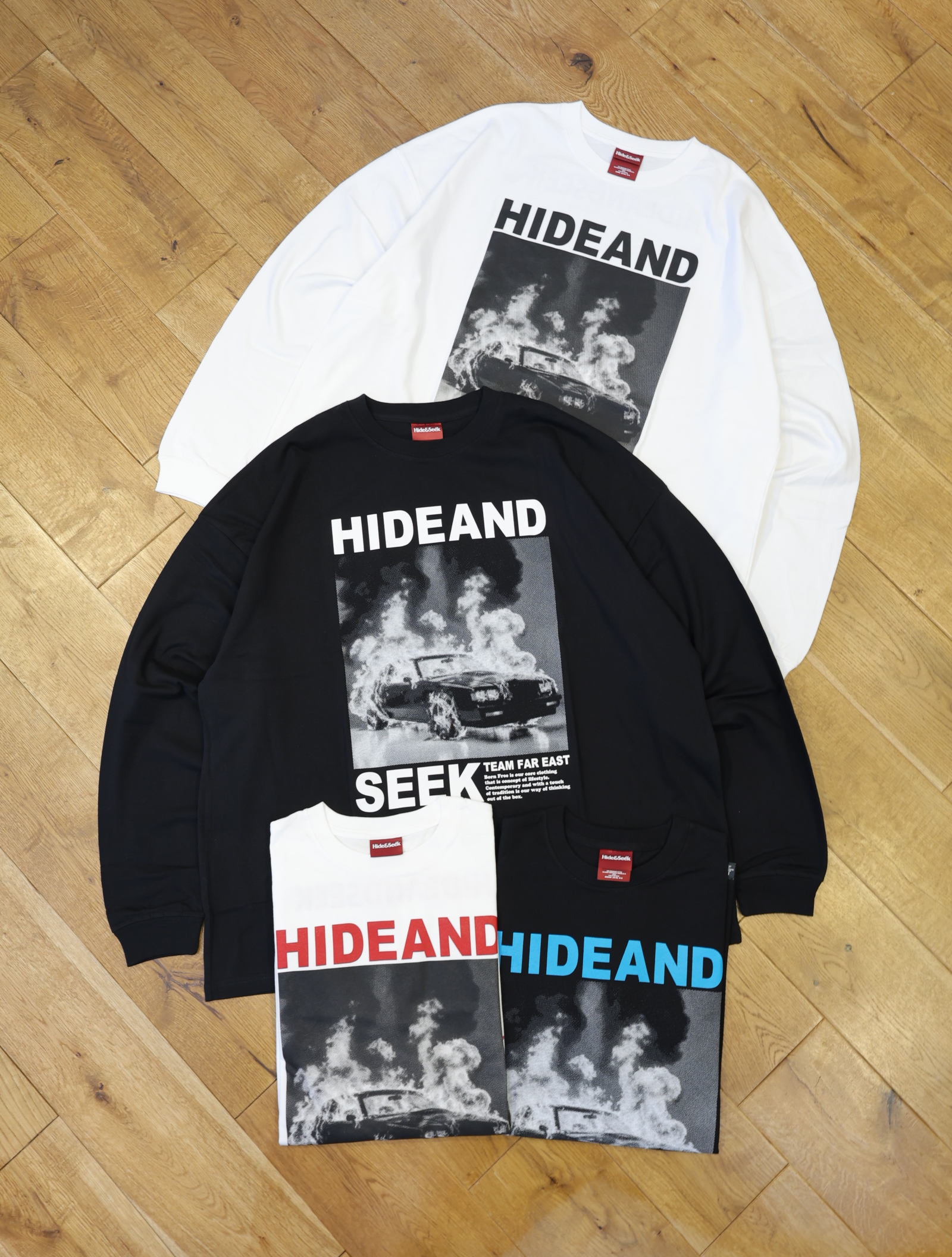 Hide and Seek　「Burn L/S Tee」　ルーズフィット プリントロングスリーブティーシャツ