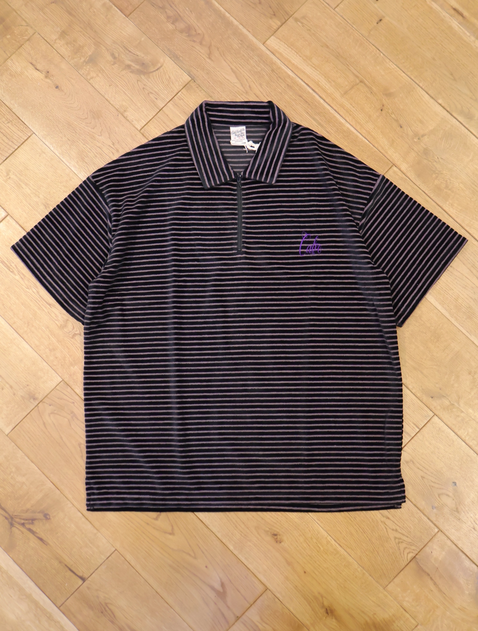 CALEE　　「BORDER VELOUR PILE ZIP POLO」　　ベロア ボーダードロップショルダージップポロシャツ