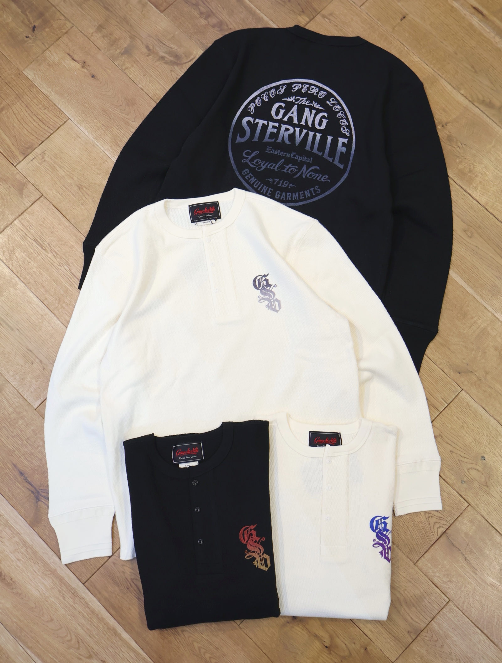 GANGSTERVILLE　　 「CIRCLE SIG - L/S T-SHIRTS」　ワッフル ヘンリーネック ロングスリーブティーシャツ