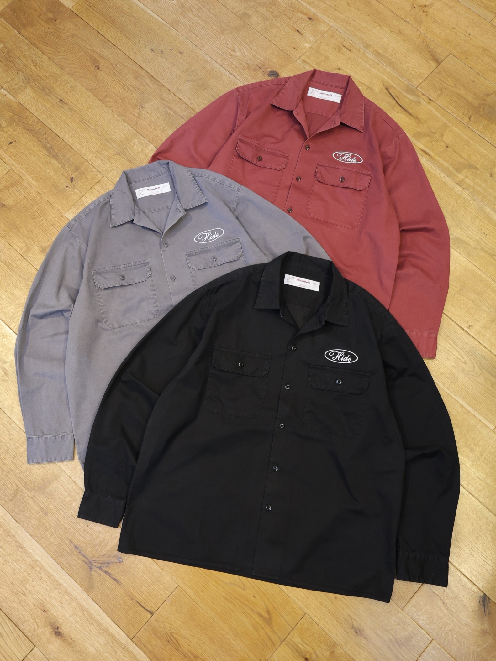 Hide and Seek　「Work L/S Shirt（26aw）」　ユーズド加工 オープンカラーワークシャツ