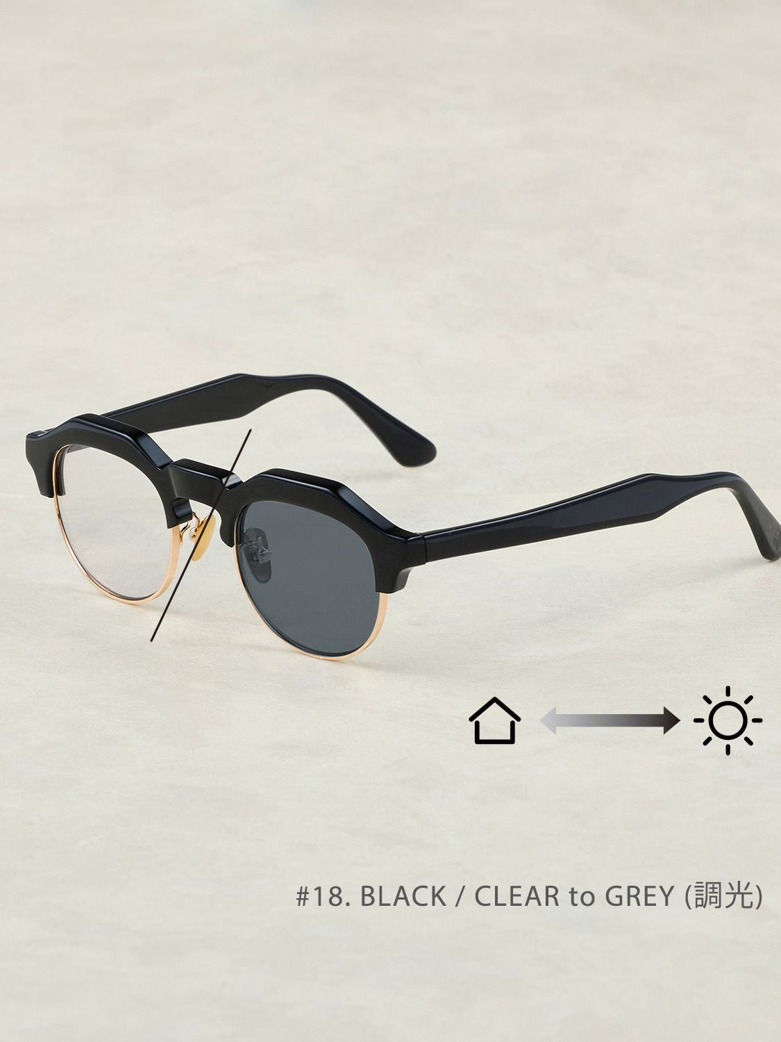 OWN　　「#18　BLACK / CLEAR to GRAY (調光レンズ)」　　ブロータイプグラッシーズ