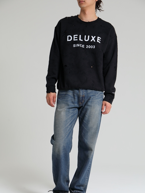 【DELUXE】ダメージ加工 トレーナー 黒 L DELUXE 「DELUXE LOGO SAVAGE CREW」 ダメージ加工 クルーネックスウェット