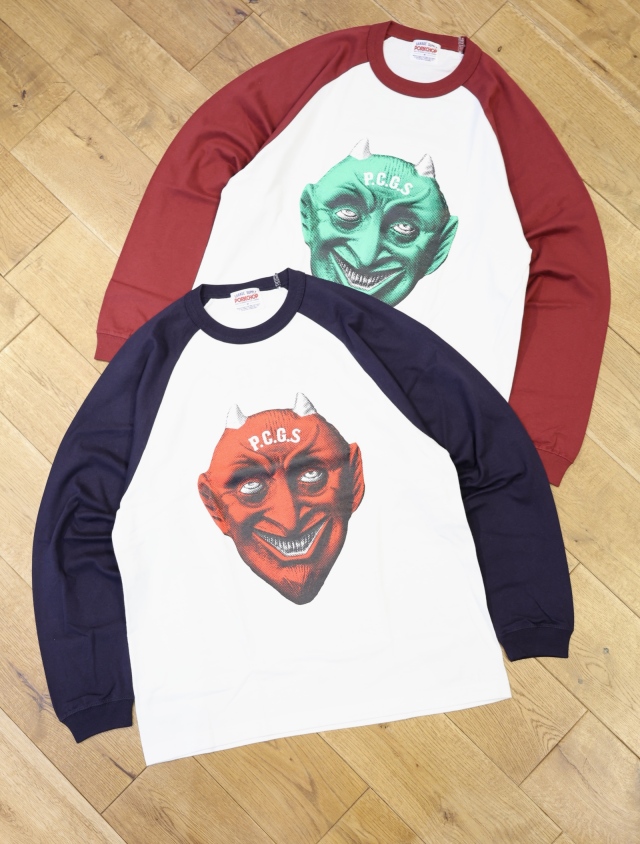 【4月26日 発売！】PORKCHOP GARAGE SUPPLY　「DEVIL FACE RAGLAN L/S TEE」  ラグランロングスリーブティーシャツ