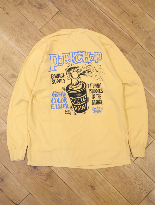 美品 PORKCHOP GARAGE SUPPLY MAD SPRAY ロンT PORKCHOP - MAD SPRAY L/S TEE / MUSTARD / プリントロンティー