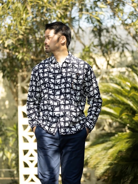 RATS ブラック レーヨン アトミック 柄 オープンカラー シャツ M ラッツ RATS 「ATOMIC L/S SHIRT」オープンカラーシャツ