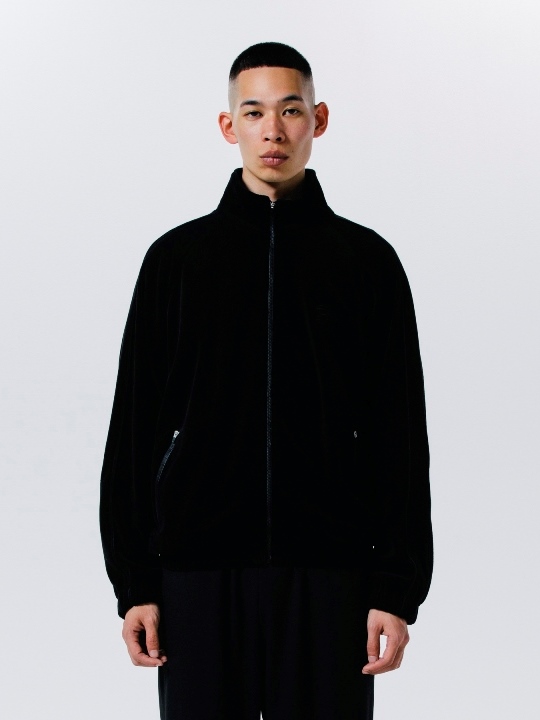 D464/Plantation ベロアジャケット ギャザー加工 製品染め M 黒 ベロア調トラックジャケット【セットアップ着用可】 (C646DM-N7