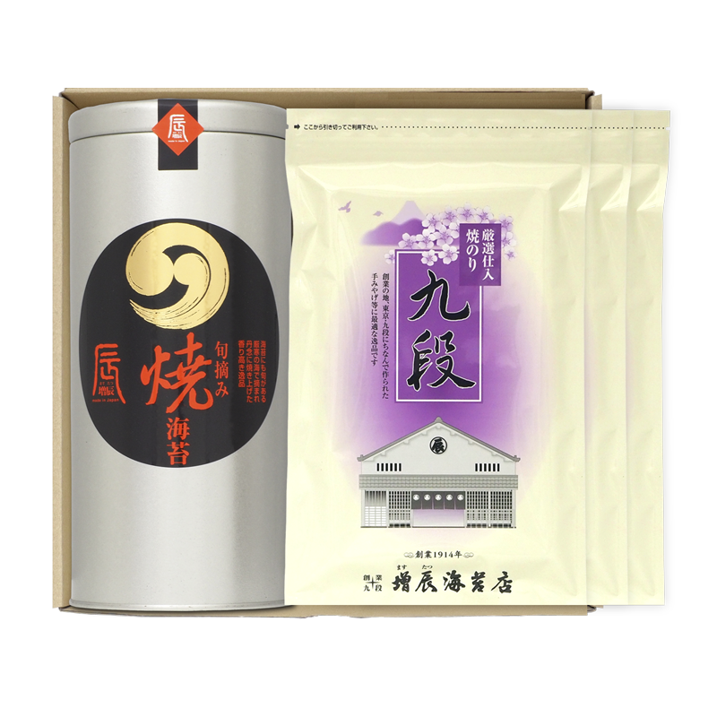 〖みのりん〗送料 旬摘み丸缶、九段3袋 通販限定送料込み 増辰（ますたつ）海苔店
