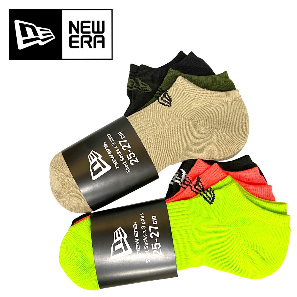 NEW ERA ニューエラ ソックス ショート 3ペア ブラック/オリーブ/カーキ ブラック/ネオンオレンジ/ネオングリーン 14518169 14518170
