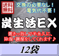 送料無料！炭生活EX　1箱（12袋入）　調湿炭 除湿 脱臭 消臭 湿気取り　半永久に使えて経済的！