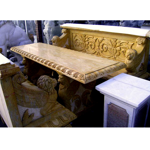 天然大理石彫刻　ライオンテーブル背付ベンチセット 　【商品番号：m-0010】