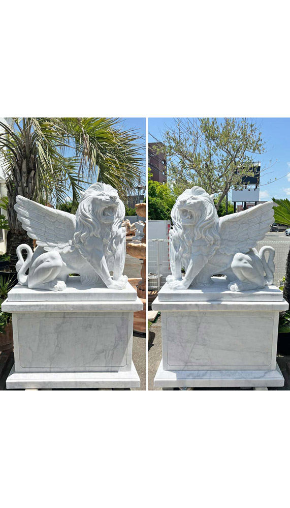 天然大理石彫刻 翼を持つライオン ペア