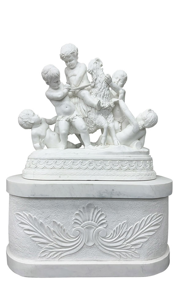 天然大理石彫刻 羊と遊ぶ子供 【商品番号：m-hat100-2405】