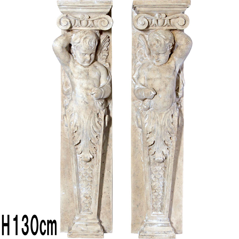 天使を模した装飾柱ロマンストーン仕上げ2個セット / Cherub Pillasters (Set of 2)  FRPアートオブジェ 【商品番号：m-fr010701RS】