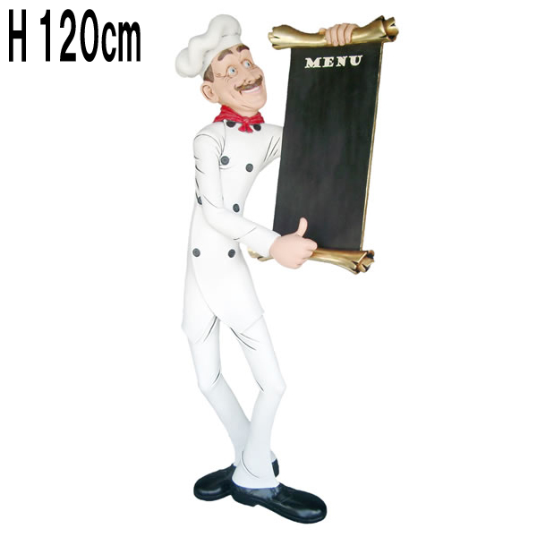 メニューを案内する細身のシェフ Skinny Chef with Menu FRPアートオブジェ 【商品番号：m-fr030509】