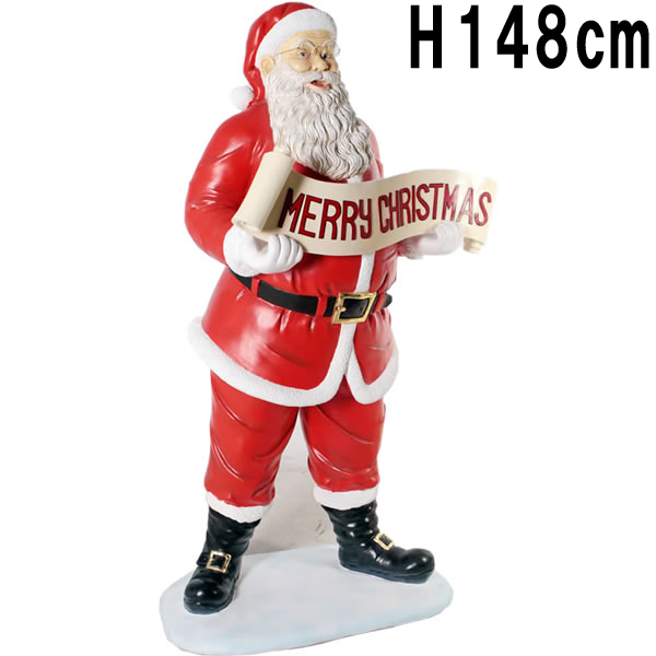 クリスマスを祝うサンタ Santa with Christmas Banner FRPアートオブジェ 【商品番号：m-fr100008】