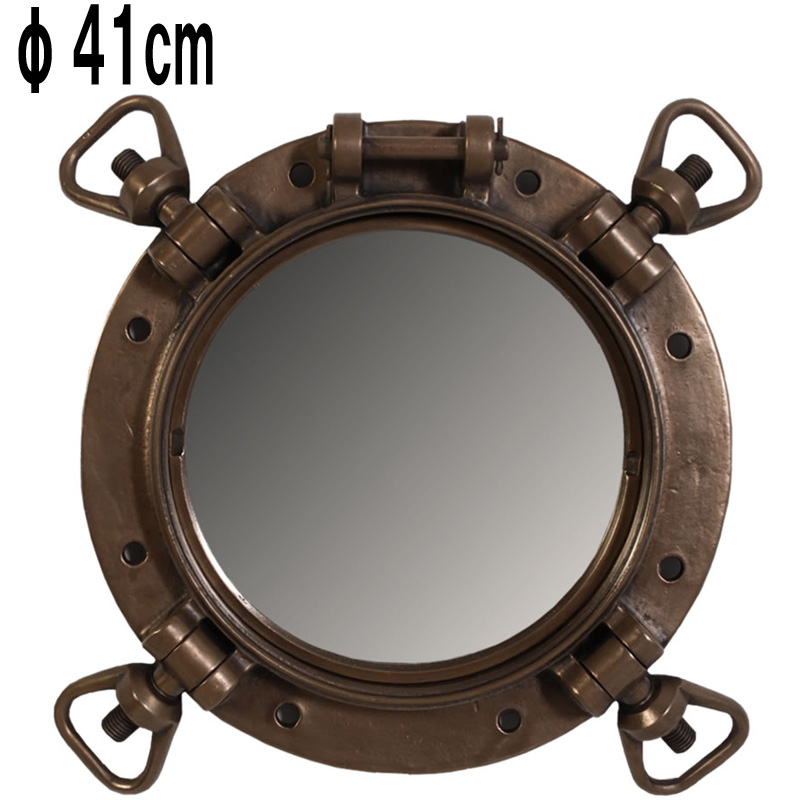 ブロンズ丸鏡ウォールミラー・舷窓41cm / WWII US Navy Porthole Mirror 15 dia FRPアートオブジェ 【商品番号：m-fr120068】