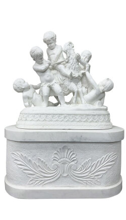 天然大理石彫刻 羊と遊ぶ子供 【商品番号：m-hat100-2405】