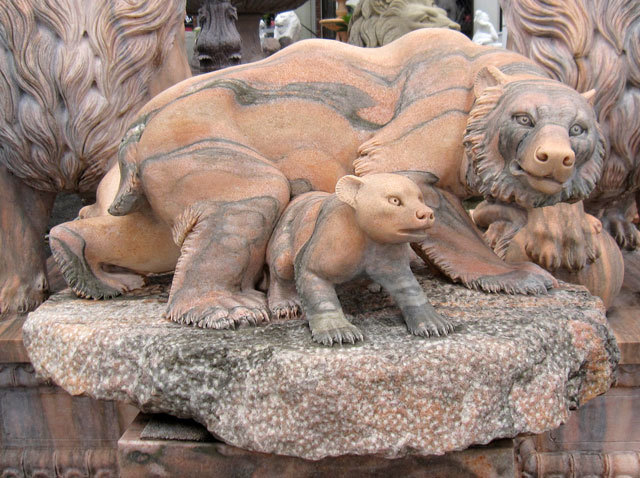 大理石彫刻 クマ親子 石像 動物像 天然石 熊