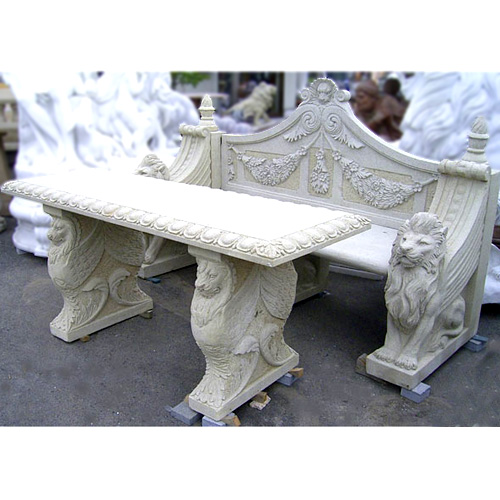 天然砂岩彫刻　ライオンテーブル・ベンチセット 　【※商品番号：m-0100】