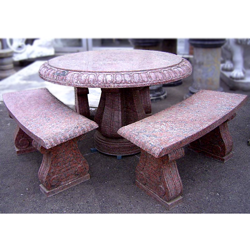 天然御影石彫刻　丸テーブル・ベンチ３脚セット 　【※商品番号：m-0101】