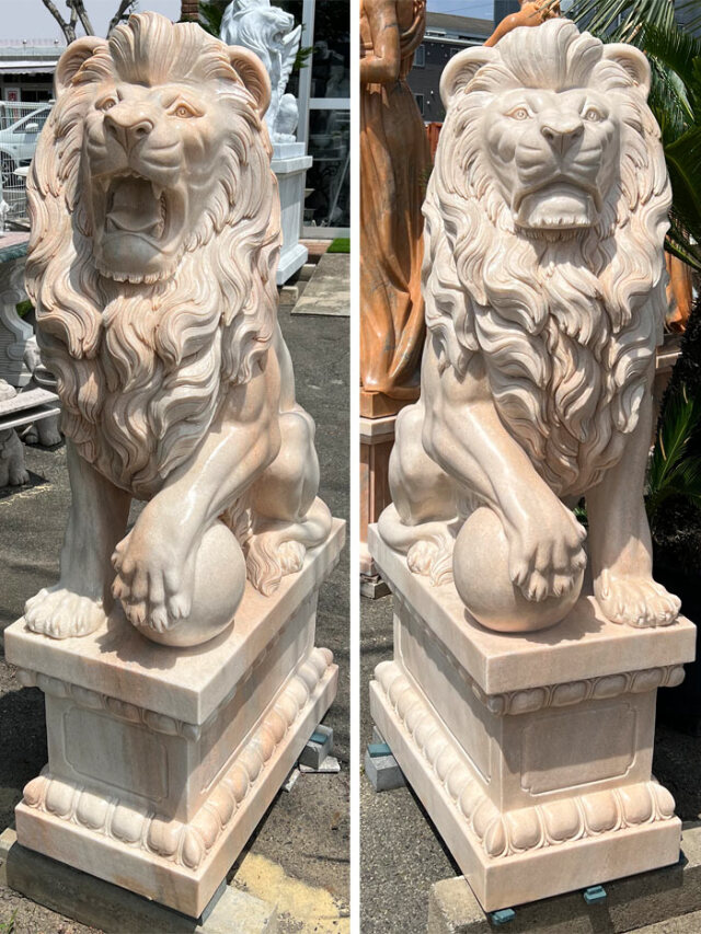 天然大理石彫刻 玉を持つライオン ペア ピンク 宝珠 球