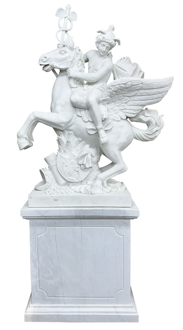 天然大理石彫刻 天馬ペガサスに乗るメルクリウス 【商品番号：m-hat077