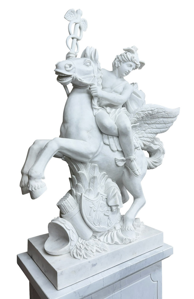 天然大理石彫刻 ペガサスに乗るメルクリウス｜天馬・神話モチーフの