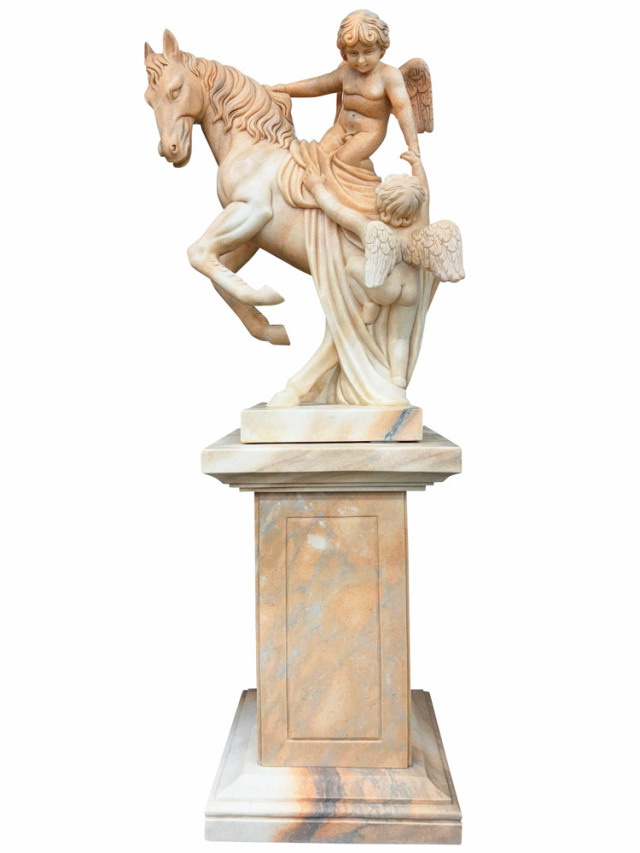 天然大理石彫刻 馬に乗る天使 ペア ピンク大理石｜躍動感あふれる彫刻