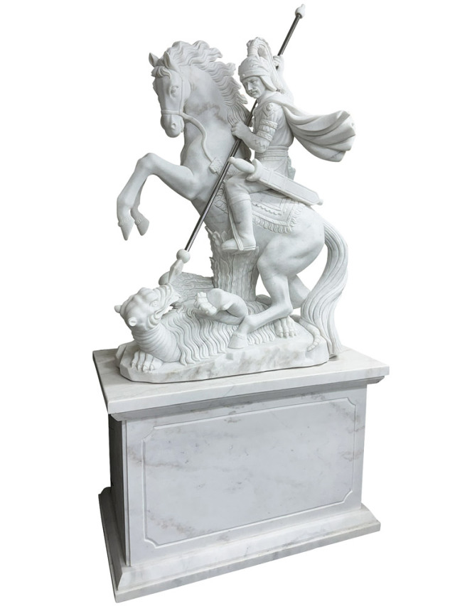 天然大理石彫刻 馬に乗る騎士とグリフォン 【商品番号：m-hat098-2405】