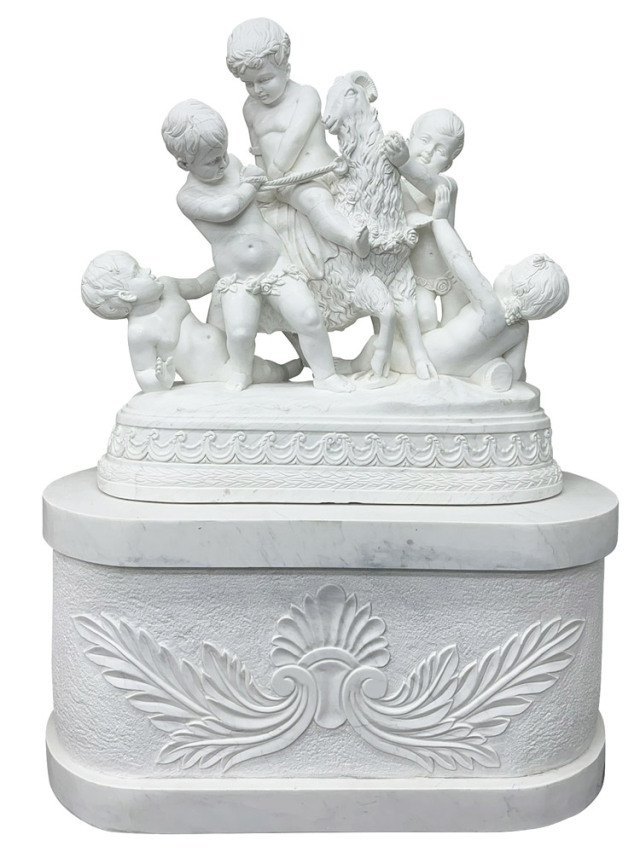 天然大理石彫刻 羊と遊ぶ子供 【商品番号：m-hat100-2405】