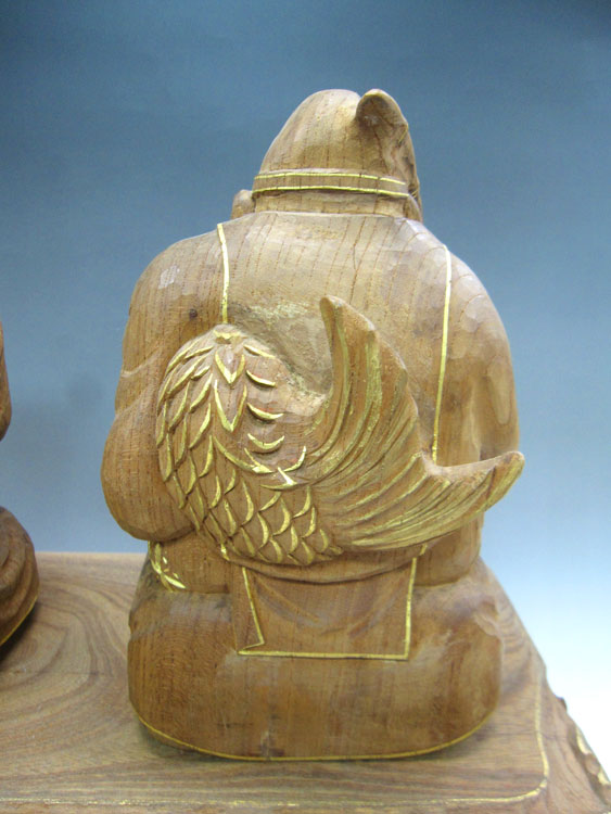 欅 恵比寿大黒 日本彫刻 仏師 藤井崇護作 截金仕上 在銘 古代仏像彫刻