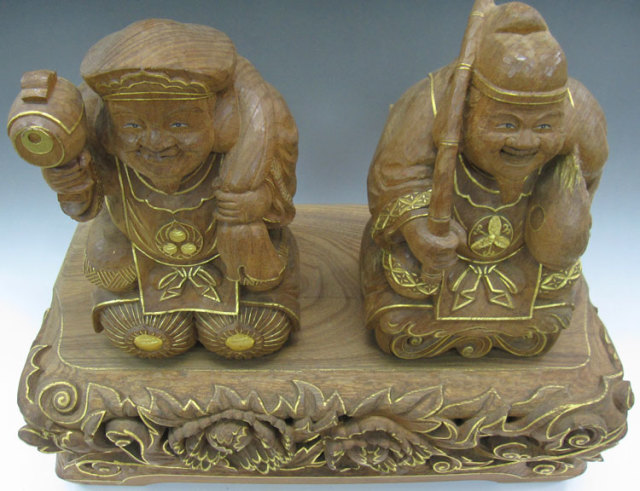 欅 恵比寿大黒 日本彫刻 仏師 藤井崇護作 截金仕上 在銘 古代仏像彫刻