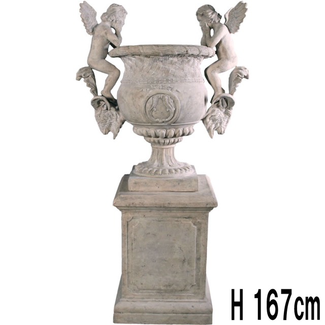 天使の壺（台座付き）ローマストーン仕上げ Angels Urn on Base  FRPアートオブジェ 【商品番号：m-fr050510】