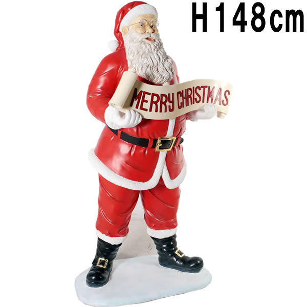 クリスマスを祝うサンタ Santa with Christmas Banner FRPアートオブジェ 【商品番号：m-fr100008】