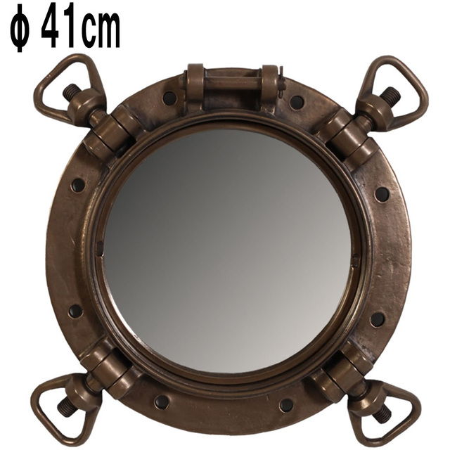 ブロンズ丸鏡ウォールミラー・舷窓41cm / WWII US Navy Porthole Mirror 15 dia FRPアートオブジェ 【商品番号：m-fr120068】