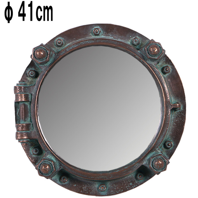 エイジングブロンズ丸鏡ウォールミラー・舷窓41cm / Rustic Porthole Mirror  FRPアートオブジェ 【商品番号：m-fr150358】