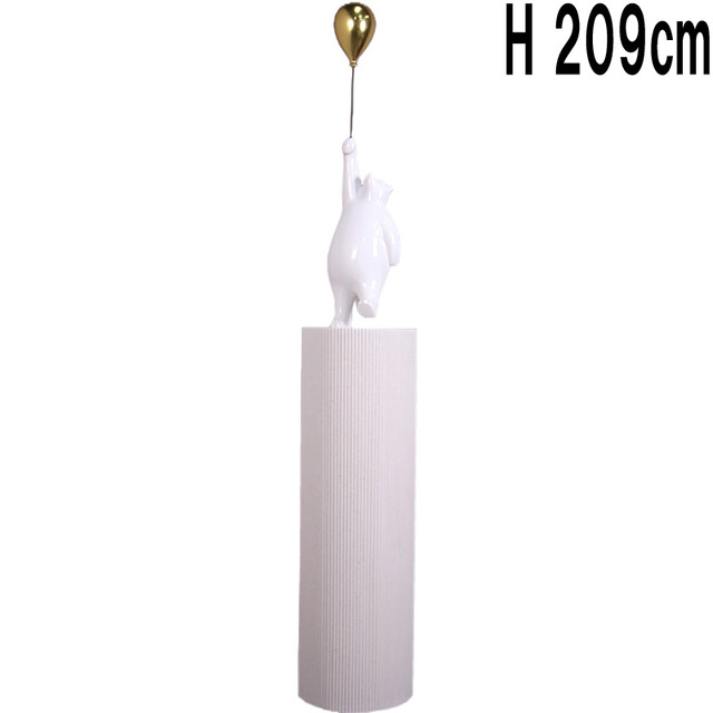 円柱の台座に乗った風船を持ったクマ / Bear with Balloon on Groovy Pedestal - Gelcoatwhite&Whitestonebase  FRPアートオブジェ 【商品番号：m-fr240117】