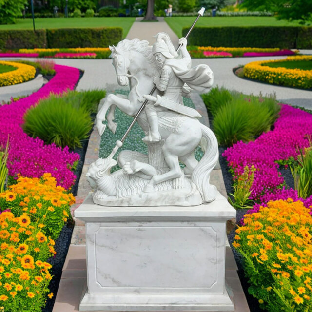 天然大理石彫刻 馬に乗る騎士とグリフォン 【商品番号：m-hat098-2405】