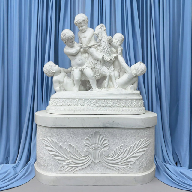 天然大理石彫刻 羊と遊ぶ子供 【商品番号：m-hat100-2405】