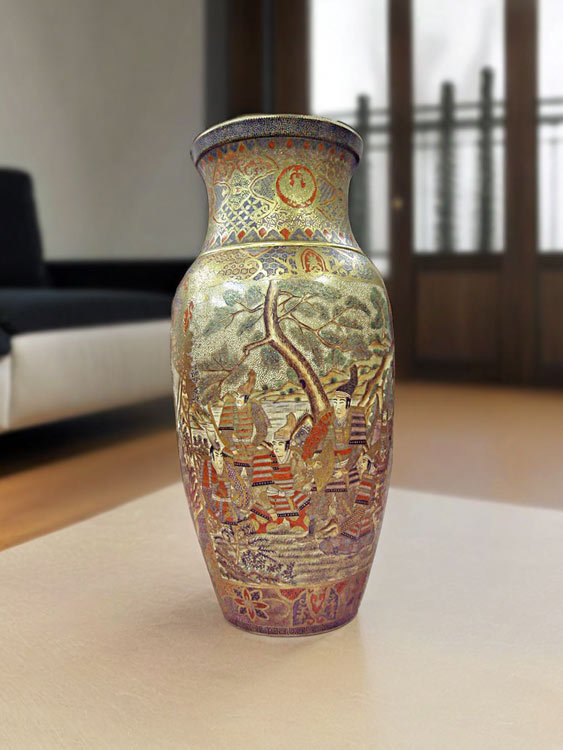 薩摩焼 金彩色絵 武者図飾り壺 【商品番号m-st002】