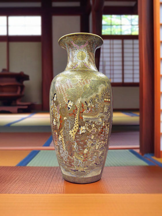 薩摩焼 金彩色絵 人物図飾り壺 【商品番号m-st003】