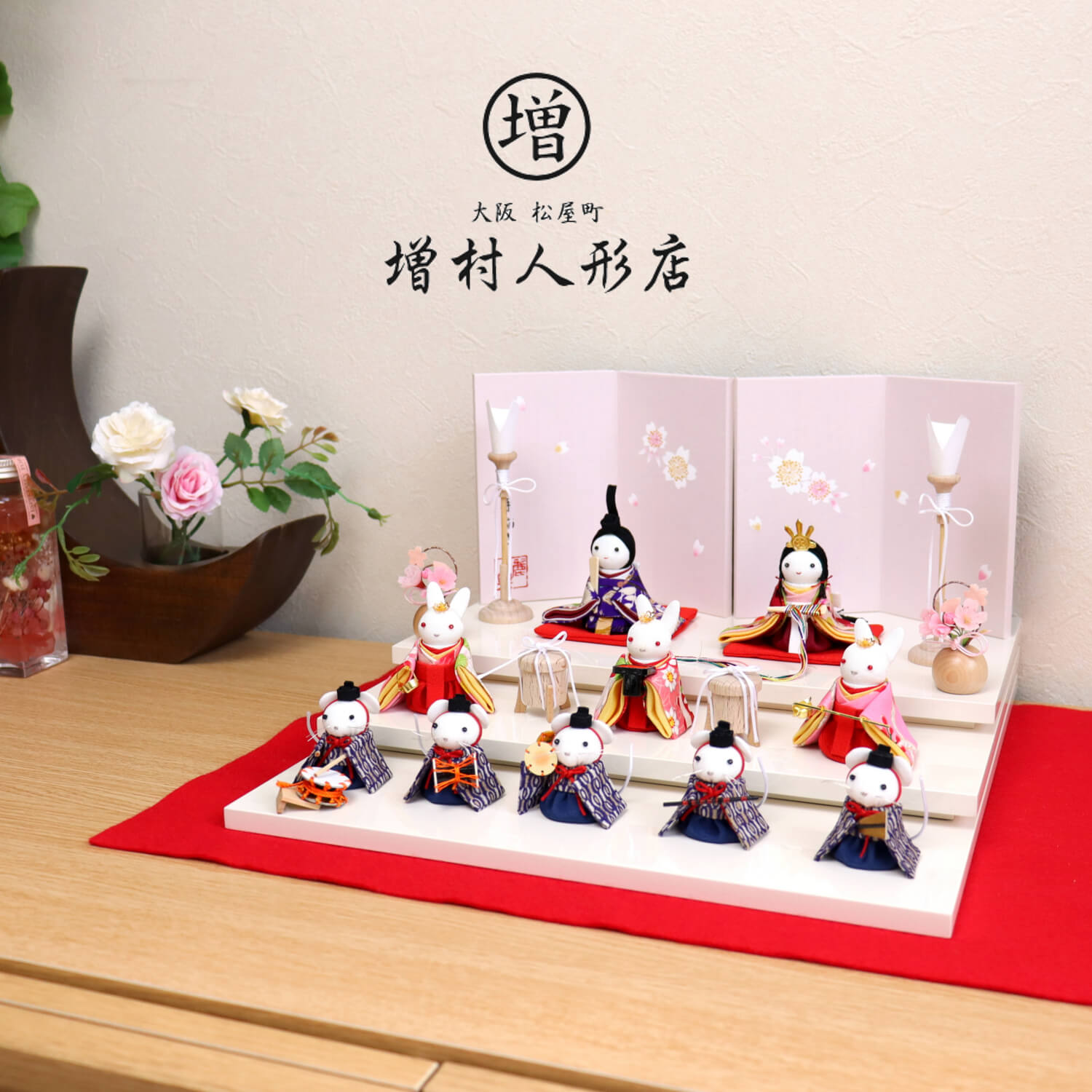 古布　正絹　七宝鞠　五段　吊り飾り　モビール　桜　自然木　ソメイヨシノ　雛人形 京都古布細工 正絹十人飾り 三段塗台(アイボリー) 梅桜屏風 木製燭台