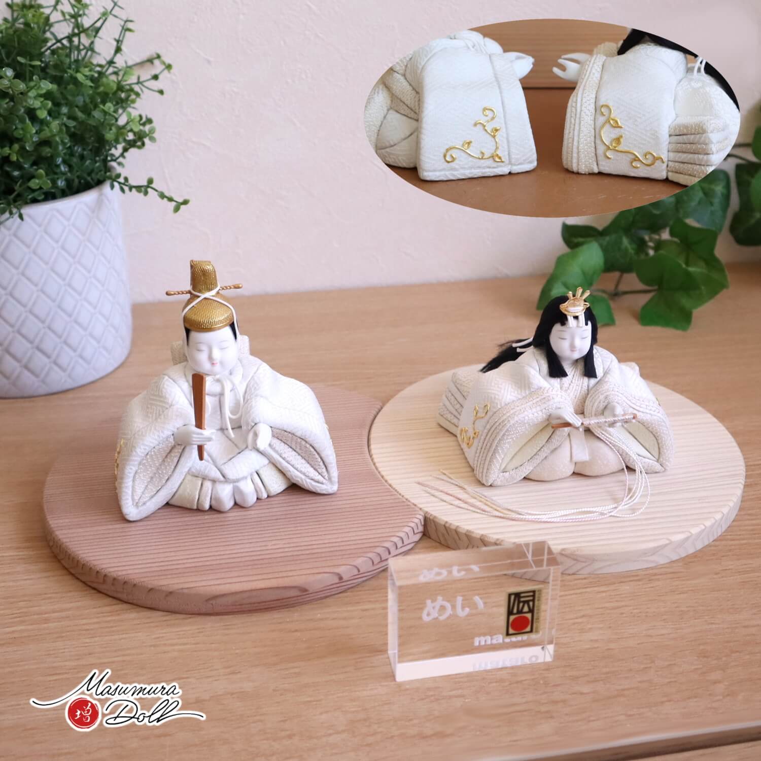 雛人形 新作伝統的工芸品 三世・金林真多呂作 正絹手描き箔押金彩雛「めい」さや型地に唐草箔押し 国産杉製月飾台(大) 増村人形店 10001921